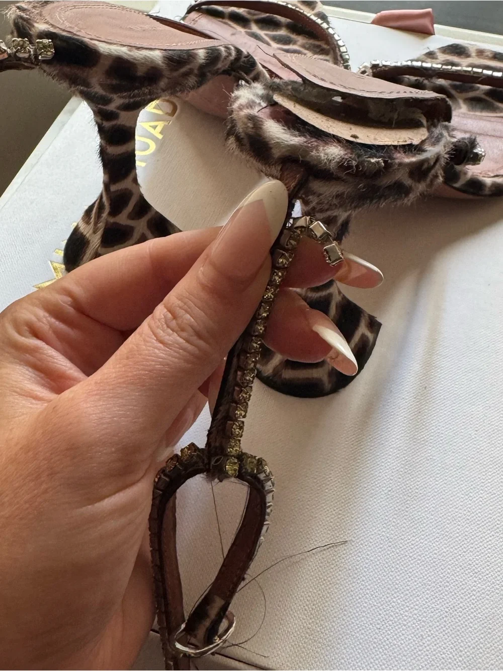 Amina Muaddi Giraffe-Print Crystal Strap Heels in Black & White Size 8